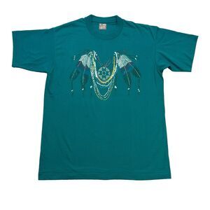 Vintage Native American Shirt Adult Large L Green Short Sleeve Single Stitch